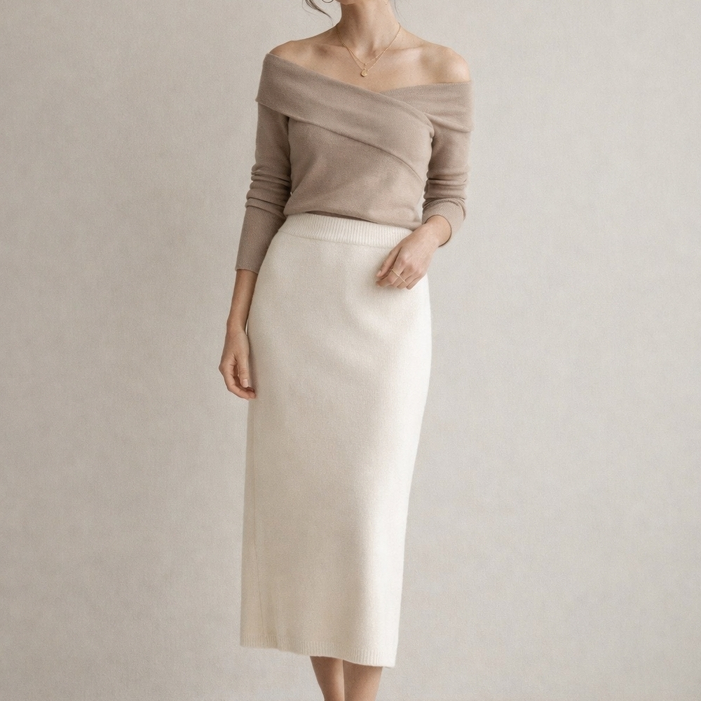 Cream Wool Midi Skirt Old Money Minimalist  Quiet Luxury Knit Pencil Clean Girl